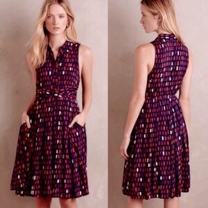 Anthropologie Tylho Brynn Blue Marin Mod Retro Collared Pleated Shirt Dress M